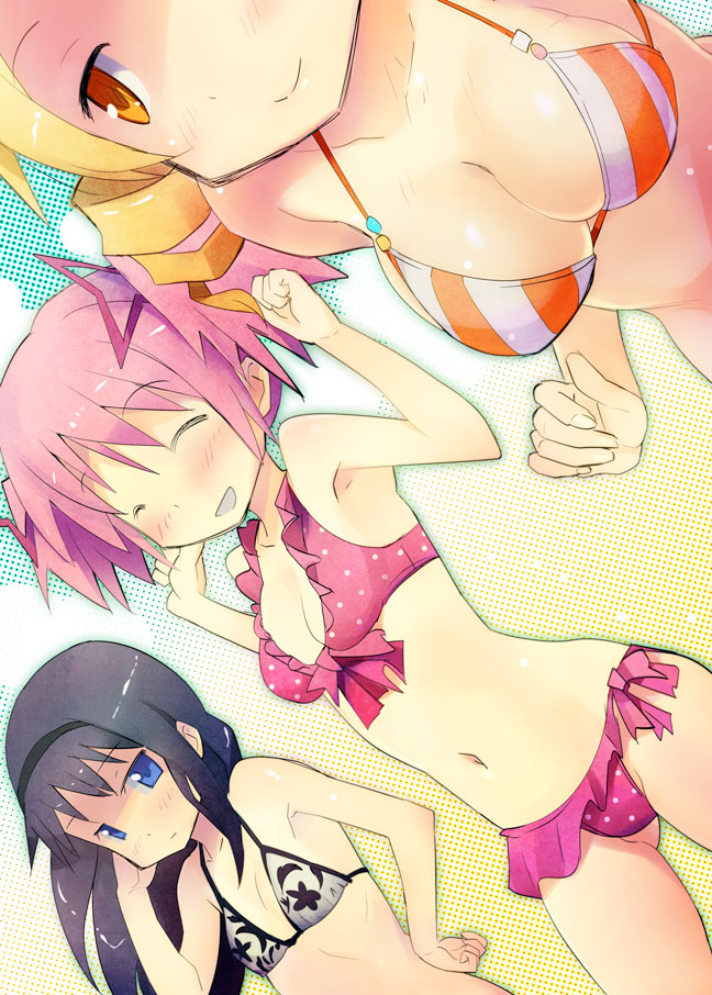 akemi_homura, anshinmama, armpits, bikini, black_hair, blonde_hair, blue_eyes, breasts