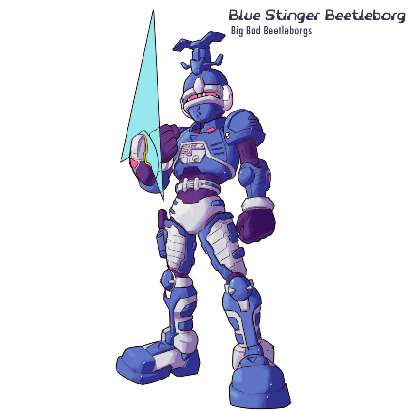 2000s_(style), armor, beetle_horn, big_bad_beetleborgs, blue_armor, blue_stinger_beetleborg, character_name, clenched_hands, commentary, copyright_name, energy_sword, english_commentary, full_body, highres, humanoid_robot, karakatodzo, mechanization, mega_man_(series), mega_man_zero_(series), nakayama_tooru_(style), outstretched_hand, parody, red_eyes, robot, simple_background, standing, style_parody, sword, weapon, white_background