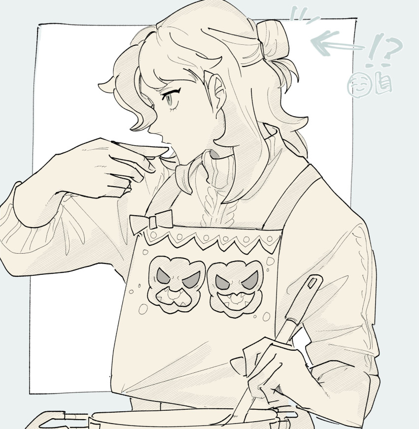 !?, 1boy, apron, arrow_(symbol), arven_(holiday_2025)_(pokemon), arven_(pokemon), character_print, commentary_request