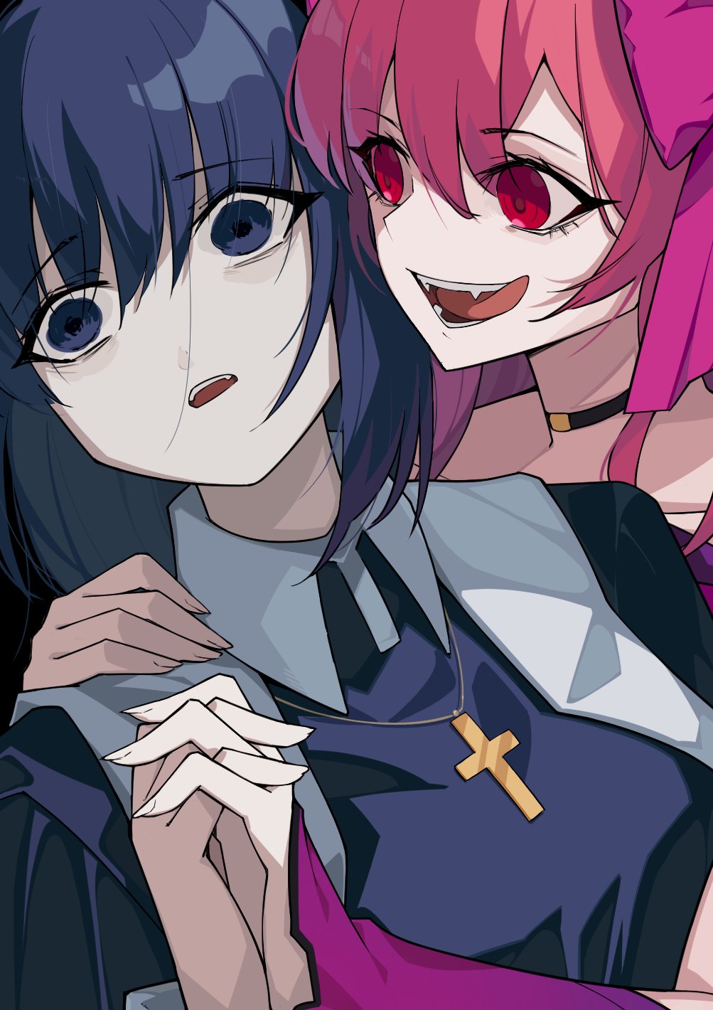 2girls, :d, blue_eyes, blue_hair, bow, choker, ciel_(tsukihime), cross