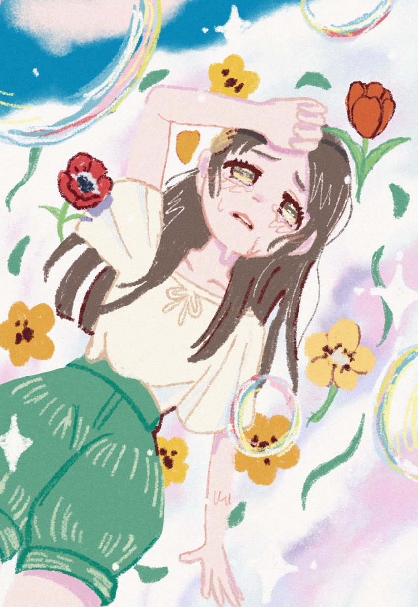 1girl, arm_up, blush, brown_eyes, brown_hair, colorful_background, commentary_request, crying
