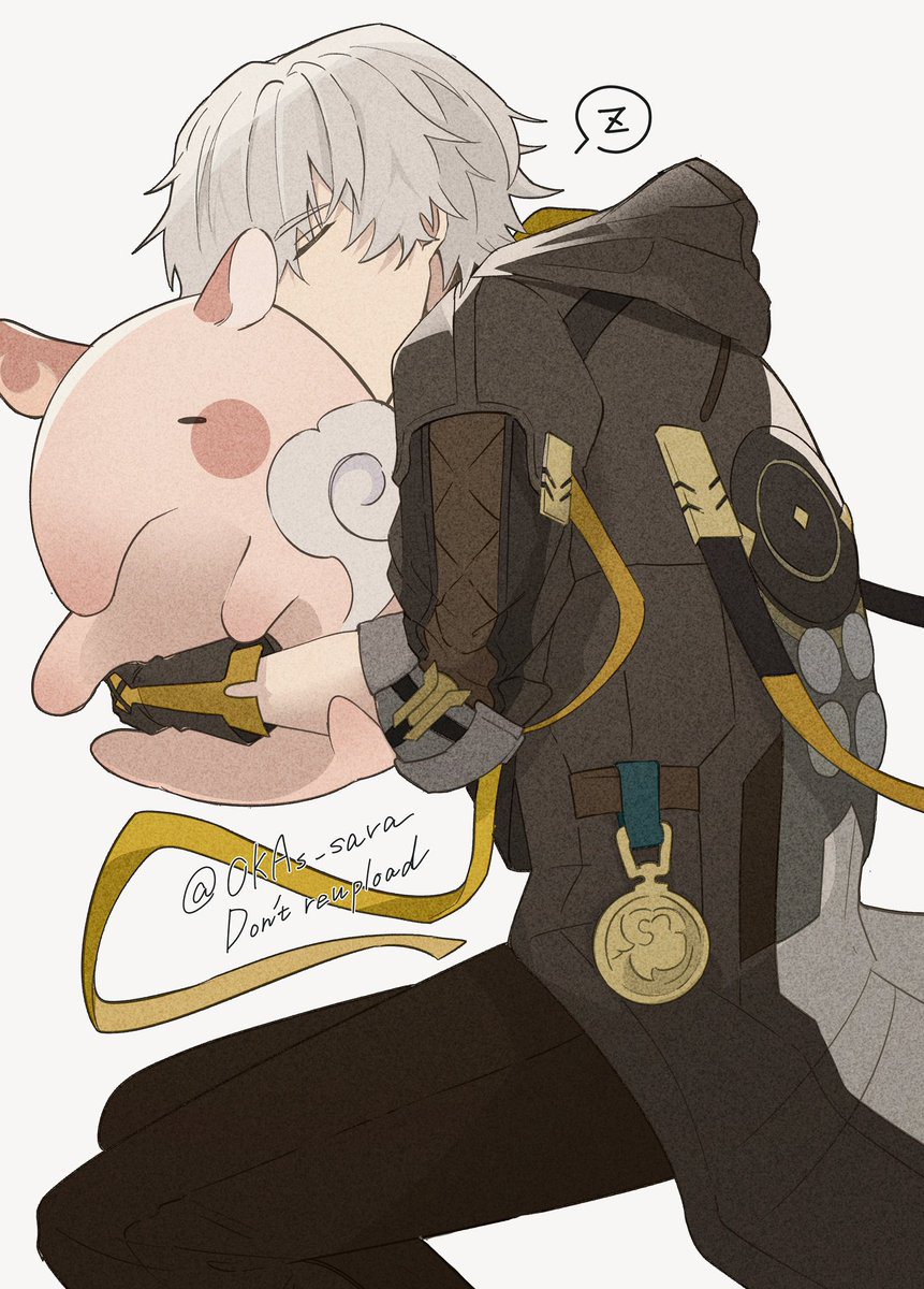 1boy, animal, brown_coat, brown_gloves, brown_pants, caelus_(honkai:_star_rail), closed_eyes, coat