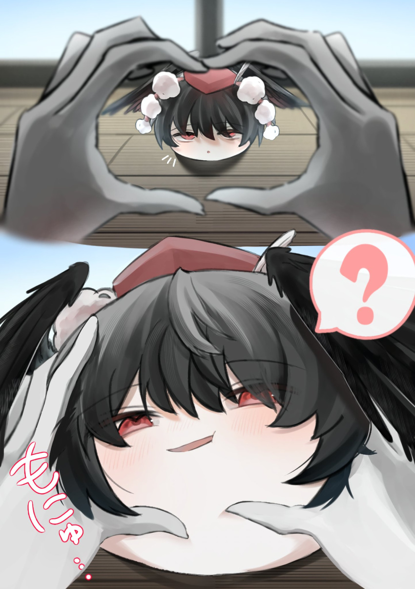1girl, 1other, ?, black_hair, black_wings, blush, commentary_request, feathered_wings