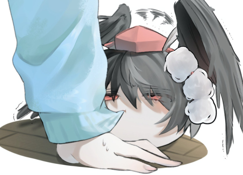 1girl, 1other, biting_another's_clothes, black_hair, black_wings, blue_shirt, commentary_request, feathered_wings