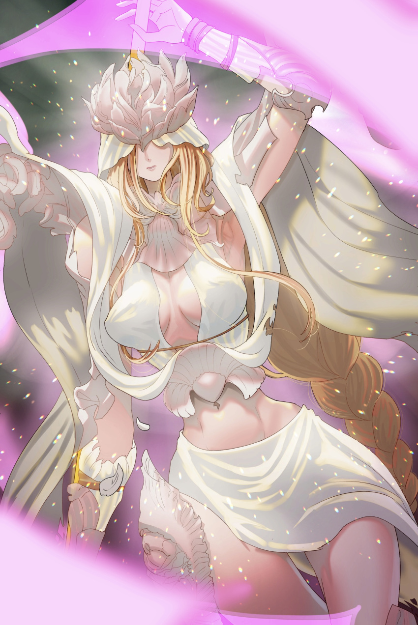 1girl, arm_up, armor, blonde_hair, breasts, breasts_apart, buren, clothing_cutout