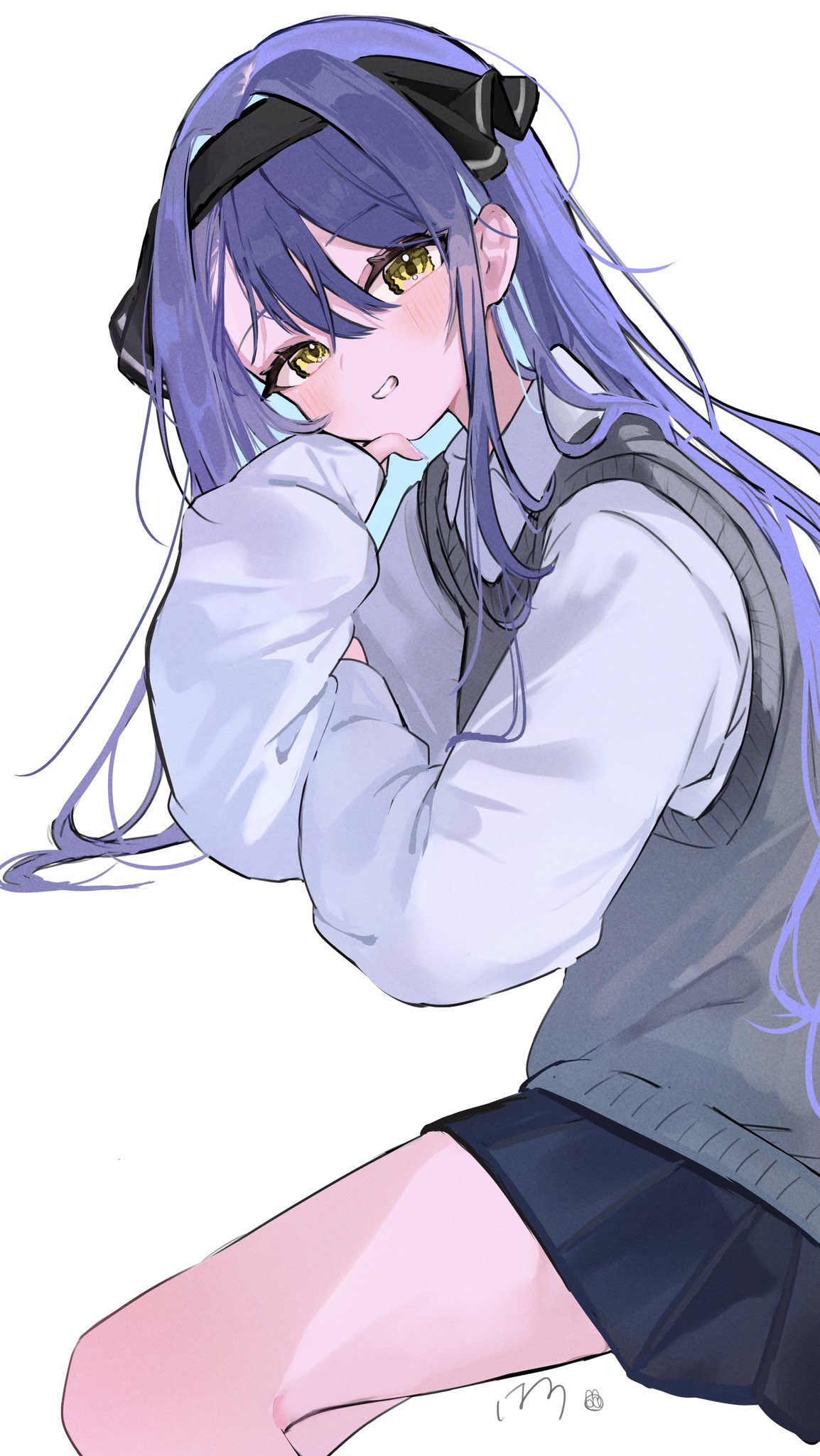 1girl, black_hairband, black_ribbon, black_skirt, commentary_request, feet_out_of_frame, gangzi_(vtuber), grey_sweater_vest