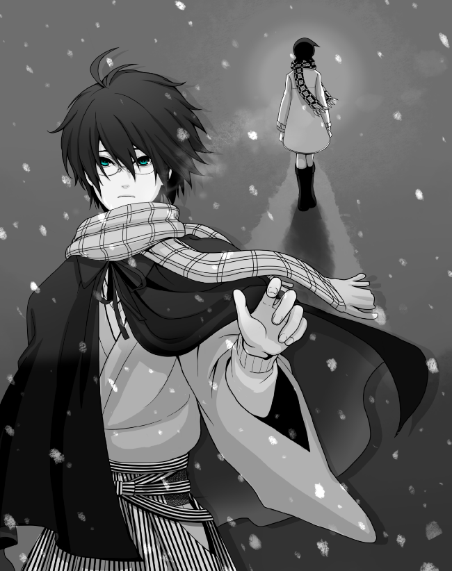 black_hair, blue_eyes, boots, coat, fuura_kafuka, glasses, hakama, hands, haori, itoshiki_nozomu, japanese_clothes, kimono, reaching, sayonara_zetsubou_sensei, scarf, short_hair, snow, spot_color, walking, watamatsu_(polidori), wind