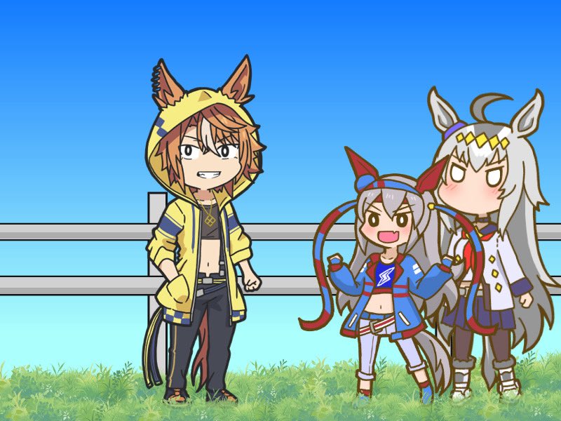 3girls, ahoge, animal_ears, belt, black_choker, black_pants, black_pantyhose, black_shirt, blank_eyes, blue_hairband, blue_jacket, blue_sailor_collar, blue_skirt, blue_sky, blue_sports_bra, blush, boots, brooch, brown_hair, choker, collarbone, commentary_request, crop_top, dicta_striker_(umamusume), ear_covers, ear_ornament, ears_through_headwear, ears_through_hood, fang, fence, fingerless_gloves, gloves, grass, grey_hair, grey_tail, grin, hair_between_eyes, hair_ornament, hairband, headband, hood, hooded_jacket, hoodie, horse_ears, horse_girl, horse_tail, jacket, jewelry, lightning_bolt_print, lightning_bolt_symbol, long_hair, long_sleeves, midriff, mr._ebidou, multicolored_hair, multiple_girls, navel, neckerchief, no_mouth, oguri_cap_(starlight_beat)_(umamusume), oguri_cap_(umamusume), open_mouth, pants, pantyhose, pleated_skirt, red_belt, red_headband, red_neckerchief, sailor_collar, shirt, short_hair, skirt, sky, smile, sports_bra, star_brooch, streaked_hair, striped_clothes, striped_hairband, tail, tamamo_cross_(umamusume), tamamo_cross_(with_lightning_speed)_(umamusume), teeth, umamusume, umamusume:_cinderella_gray, very_long_hair, white_boots, white_hair, white_jacket, white_pants, white_shirt, yellow_hood, yellow_hoodie, yellow_jacket