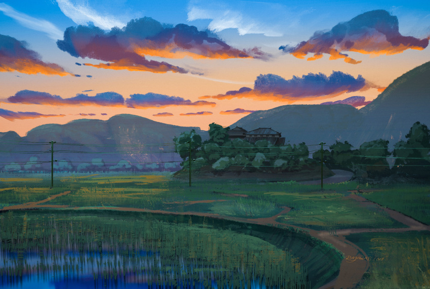 artist_name, building, clouds, commentary, dusk, english_commentary, evening, field