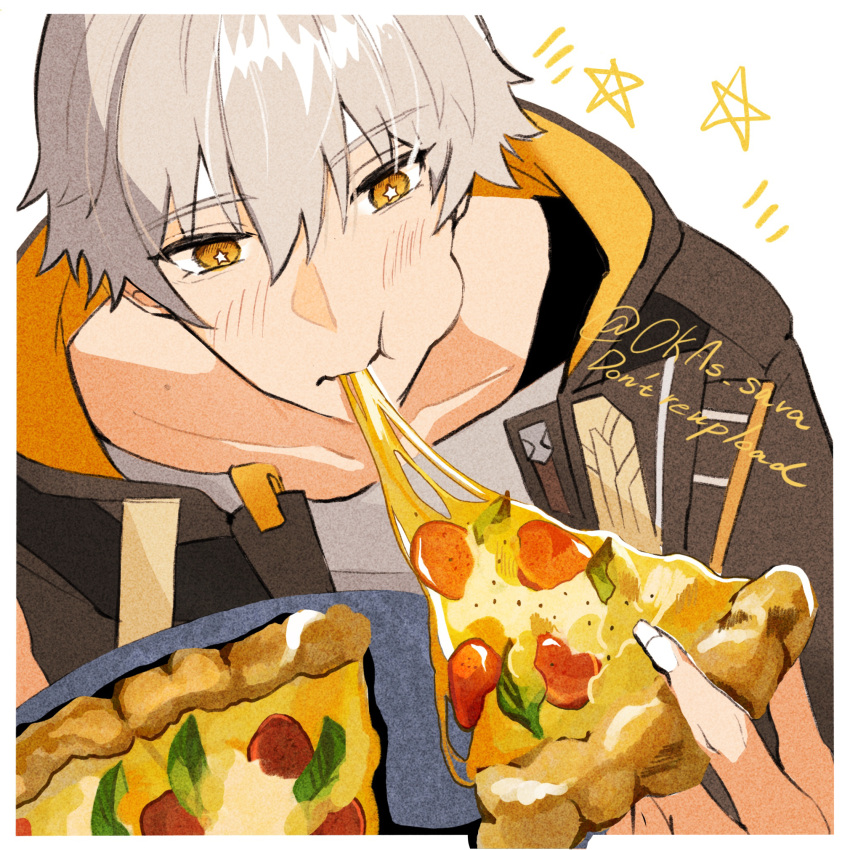 1boy, :t, blush, border, brown_jacket, caelus_(honkai:_star_rail), cheese, cheese_trail, commentary_request, eating, food, grey_hair, grey_shirt, highres, holding, holding_food, honkai:_star_rail, honkai_(series), jacket, leaning_forward, male_focus, okas_sava, pepperoni, pizza, pizza_slice, plate, shirt, short_hair, solo, star-shaped_pupils, star_(symbol), symbol-shaped_pupils, trailblazer_(honkai:_star_rail), twitter_username, upper_body, white_border, yellow_eyes