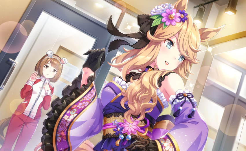 2girls, against_glass, animal_ears, artist_request, asymmetrical_legwear, back_bow, bare_shoulders, black_bow