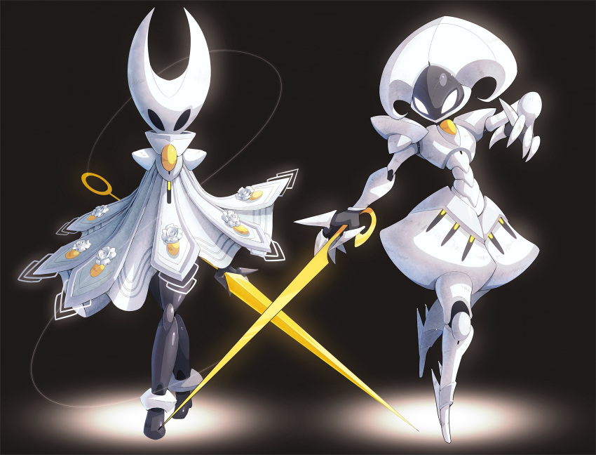 armor, armored_dress, arthropod_girl, black_background, cloak, commentary, dress, english_commentary