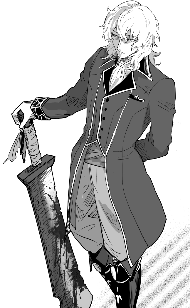 1boy, arm_behind_back, ascot, boots, cleaver, commentary_request, formal_clothes, gloves, hand_on_weapon, holding, holding_weapon, looking_at_viewer, medium_hair, messy_hair, metarogu, monochrome, standing, tsukihime, tsukihime_(remake), vlov_arkhangel, weapon