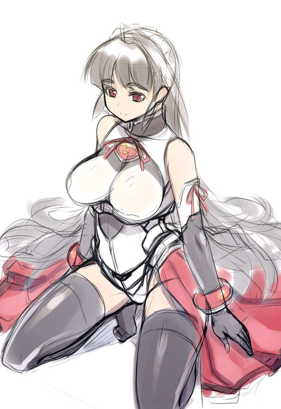 akatsuki_alut, bare_shoulders, black_legwear, breasts, elbow_gloves, from_above, gloves, large_breasts, leotard, long_hair, maid_headdress, mel/a, original, seiza, silver_hair, simple_background, sitting, sketch, solo, thigh-highs, thighhighs, very_long_hair