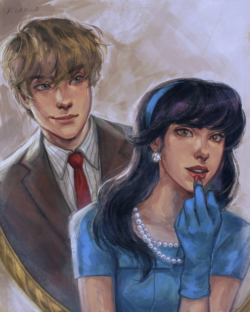 1boy, 1girl, aged_up, black_hair, blonde_hair, blue_dress, commentary, dress