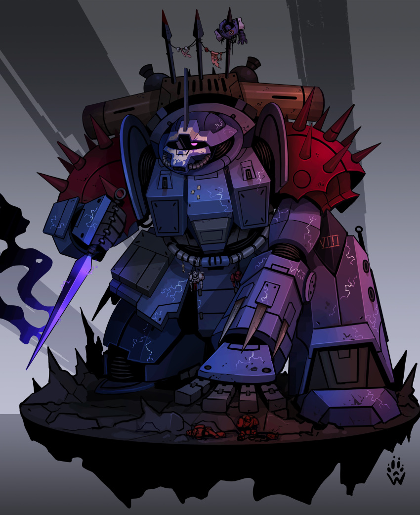 absurdres, arm_blade, armor, artist_logo, blue_armor, chipped_paint, commentary, corpse