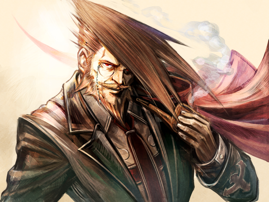 1boy, beard, black_jacket, brown_hair, capelet, collared_shirt, commentary_request, facial_hair