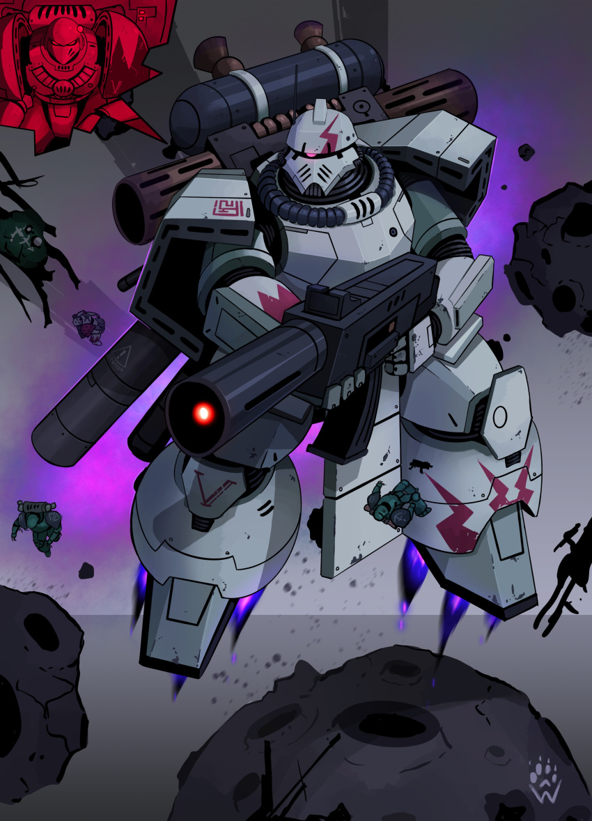absurdres, adeptus_astartes, alpha_legion, armor, artist_logo, asteroid, beam_rifle, chipped_paint