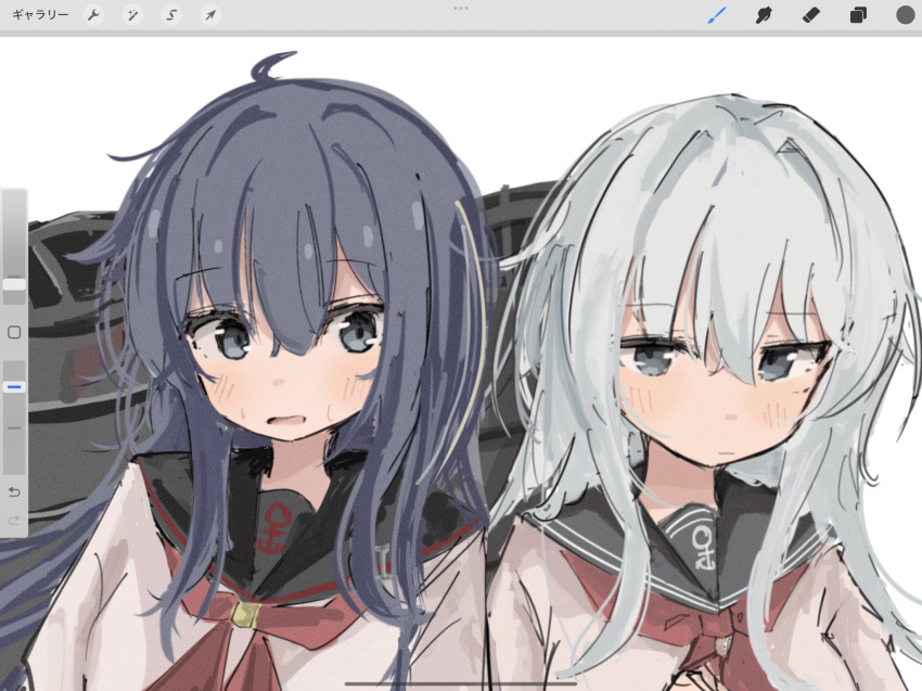2girls, ahoge, akatsuki_(kancolle), akatsuki_kai_ni_(kancolle), anchor_print, art_program_in_frame, black_eyes, black_sailor_collar