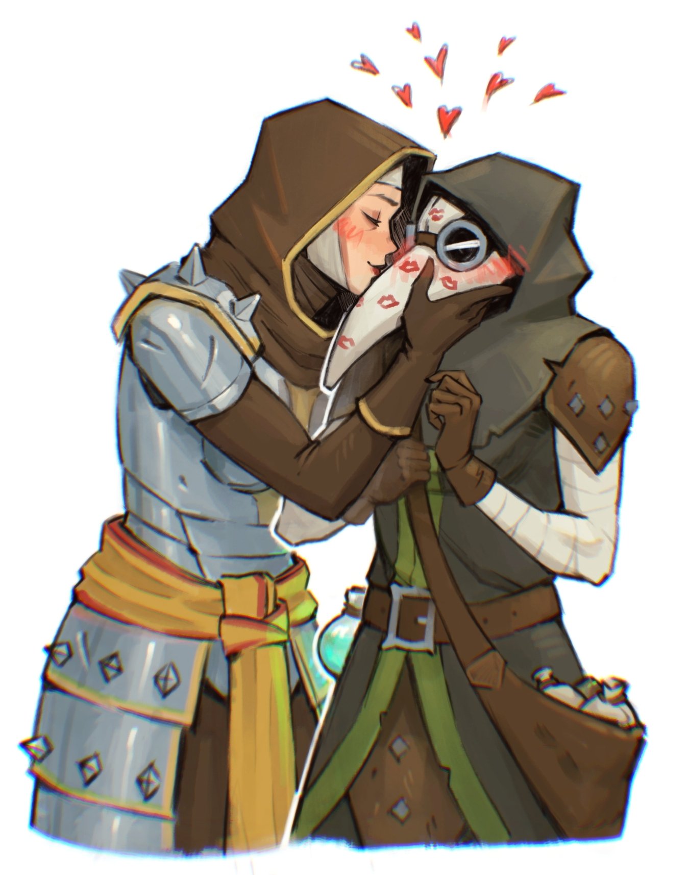 2girls, armor, commentary, darkest_dungeon, english_commentary, gloves, heart, highres