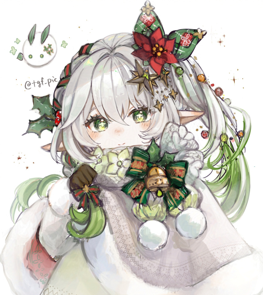 1girl, blush, bow, brown_gloves, christmas, christmas_ornaments, christmas_star, cloak