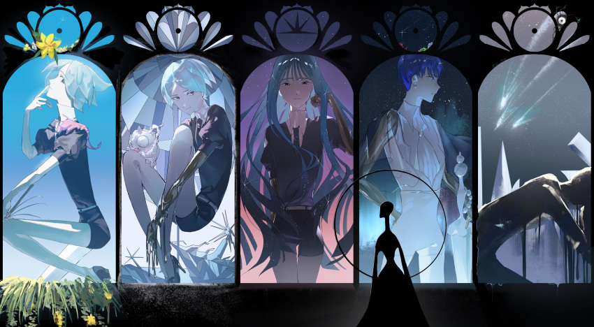 1girl, 404-chan_(22_0724), 5others, absurdres, age_progression, androgynous, aqua_eyes, aqua_hair