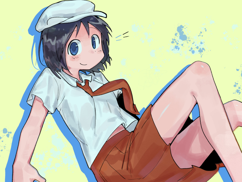 1girl, black_hair, blue_eyes, blue_outline, city_(arawi_keiichi), closed_mouth, collared_shirt, commentary_request