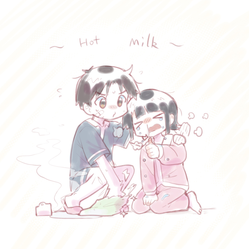 >_<, 1boy, 1girl, bandaid, bandaid_on_cheek, bandaid_on_face, barefoot, black_ahir