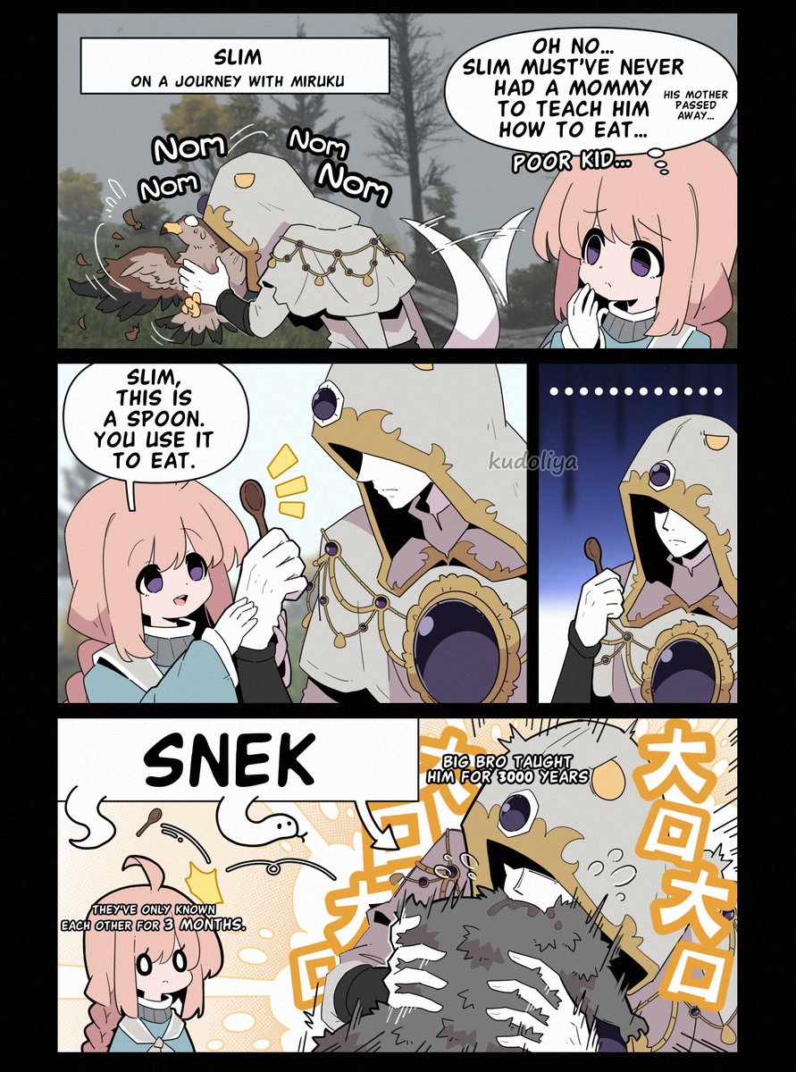 1boy, 1girl, character_request, cloak, commentary, eating, elden_ring, elden_ring:_shadow_of_the_erdtree, english_commentary, english_text, highres, holding, holding_spoon, hood, hood_up, hooded_cloak, hooded_jacket, jacket, kudoliya_art, miruku_(kudoliya), pink_hair, speech_bubble, spoon, thought_bubble, violet_eyes
