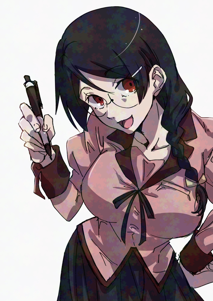 1girl, absurdres, bakemonogatari, black_hair, braid, breasts, collarbone, glasses