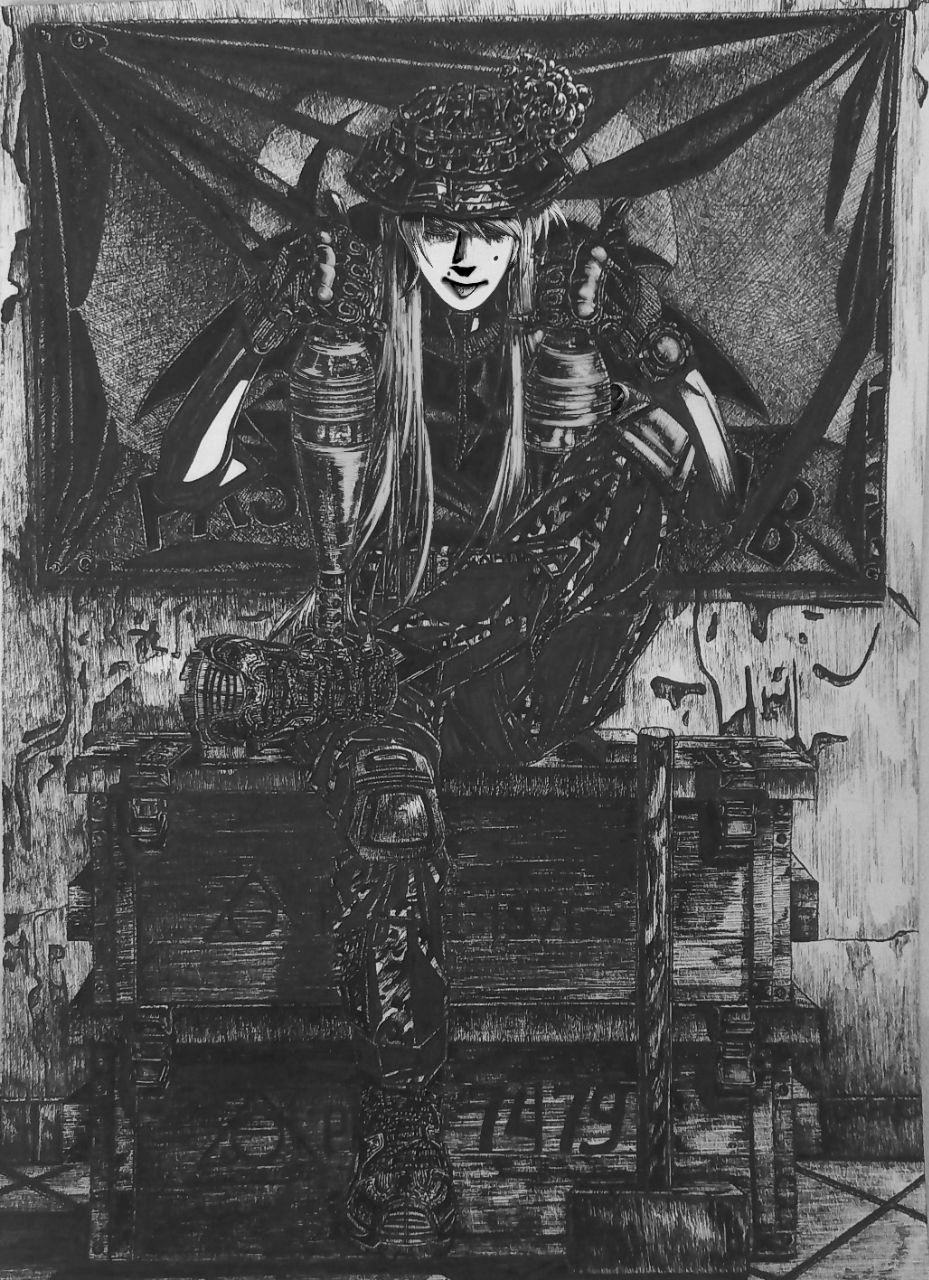 1girl, black_gloves, bonnet, boots, bordfunker133, camouflage, camouflage_pants, crossed_legs