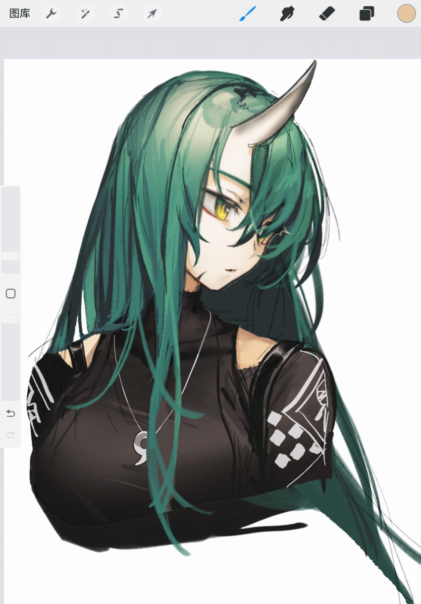 1girl, arknights, art_program_in_frame, black_shirt, breasts, chinese_commentary, commentary_request, green_hair