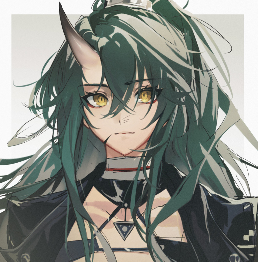 1girl, arknights, black_jacket, border, closed_mouth, commentary, green_hair, grey_background