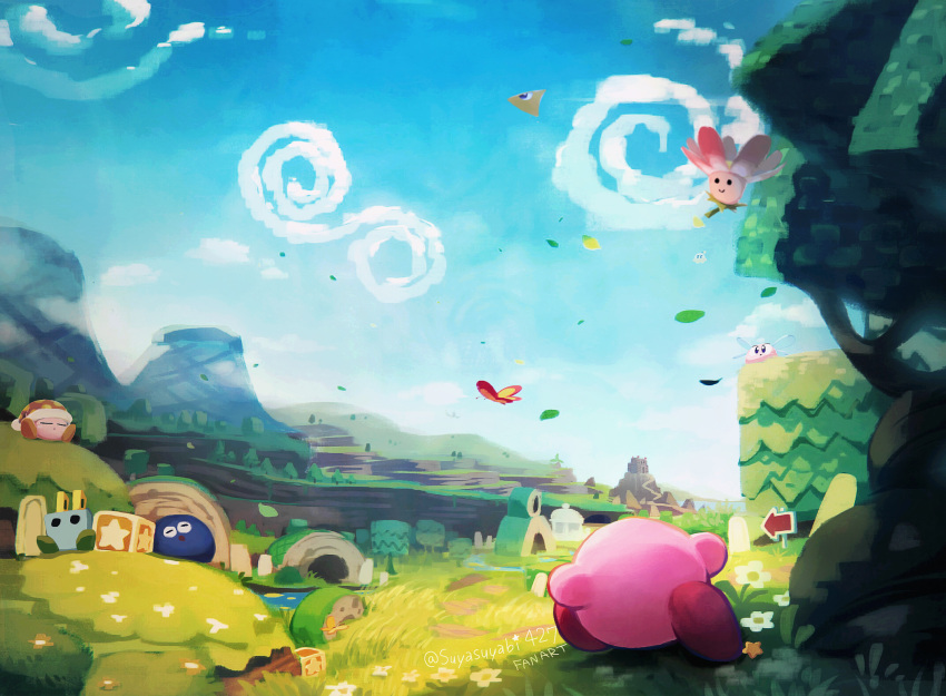blue_sky, bourbon_(kirby), bronto_burt, bug, butterfly, castle, castle_dedede, cliff