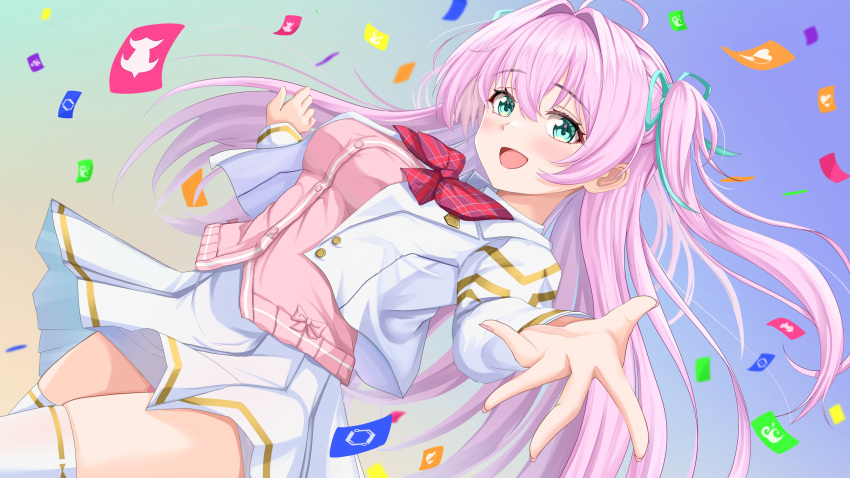 1girl, absurdres, ahoge, aqua_ribbon, bow, bowtie, cardigan, gold_trim