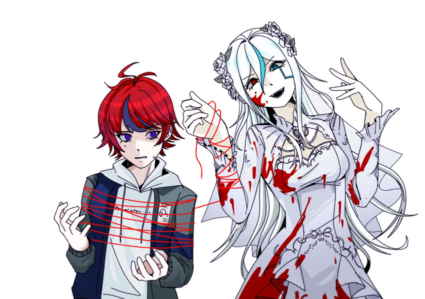 1boy, 1girl, ahoge, blood, blood_on_clothes, blood_on_face, blue_eyes, blue_hair, bound, commentary, dress, facial_mark, flower, hair_flower, hair_ornament, hetero, highres, holding, hood, hooded_jacket, jacket, lakujox, leash, long_hair, multicolored_hair, red_eyes, red_hair, short_hair, streaked_hair, string, string_of_fate, sumino_takumi, the_hundred_line_-last_defense_academy-, tied_up_(nonsexual), v'ehxness, violet_eyes, wedding_dress, white_dress, white_hair
