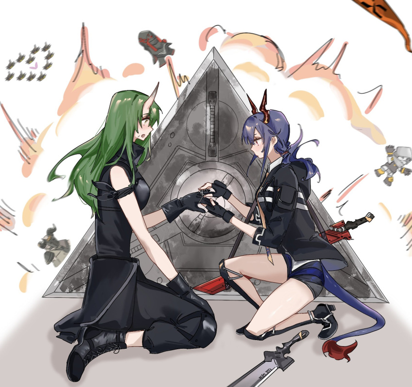 2girls, 3others, arknights, black_boots, black_gloves, black_jacket, black_pants, black_shorts