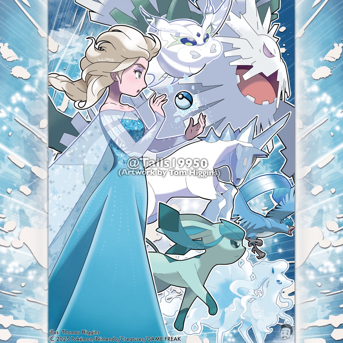 1girl, abomasnow, alolan_ninetales, articuno, artist_name, bare_shoulders, blonde_hair, blue_dress