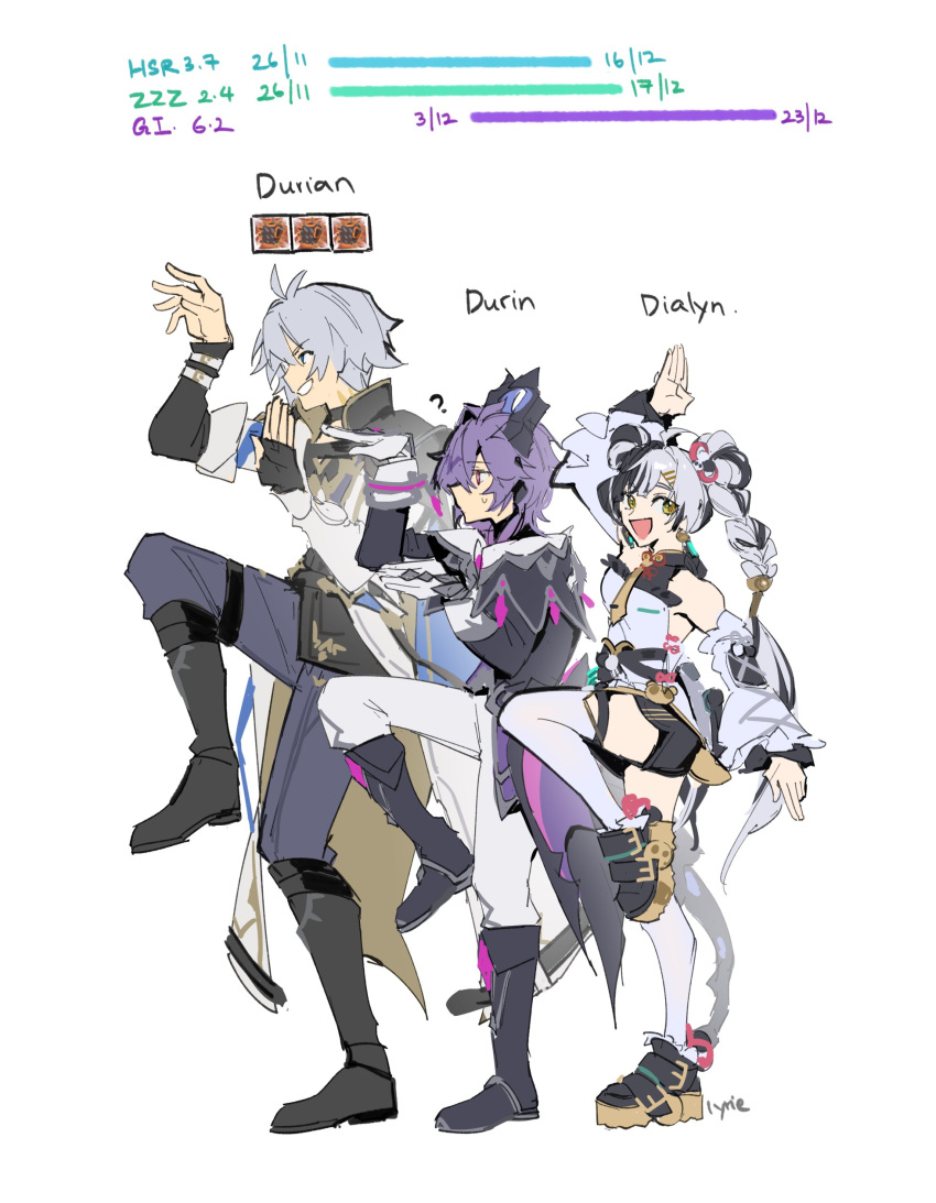 1girl, 2boys, :d, ?, absurdres, ahoge, antenna_hair, black_hair