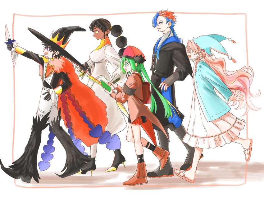 2boys, 3girls, black_hair, blue_dress, blue_eyes, blue_hair, blush, braid
