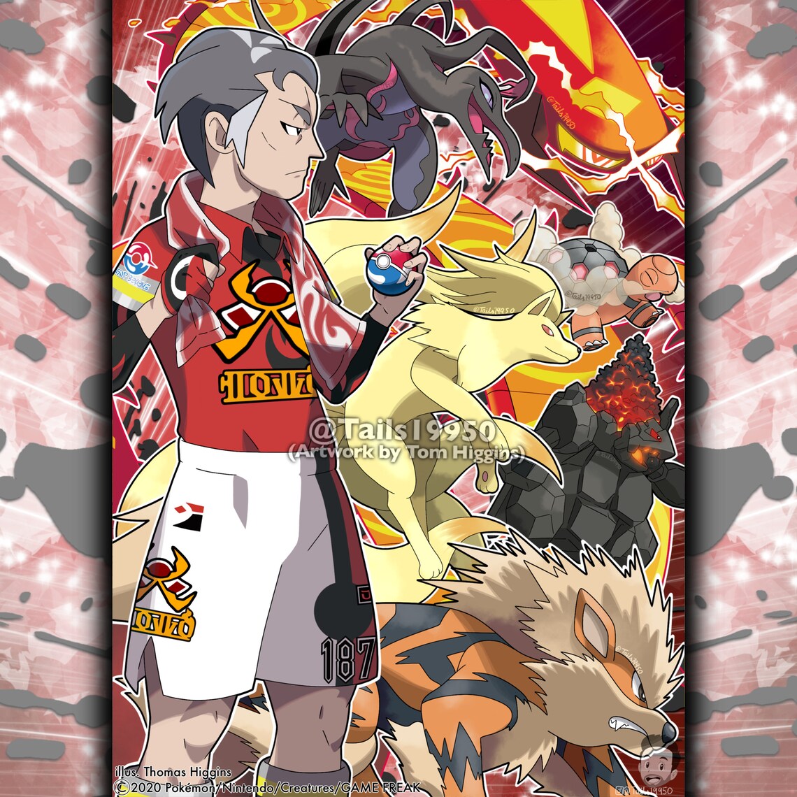1boy, arcanine, artist_name, centiskorch, closed_eyes, closed_mouth, coal, coalossal
