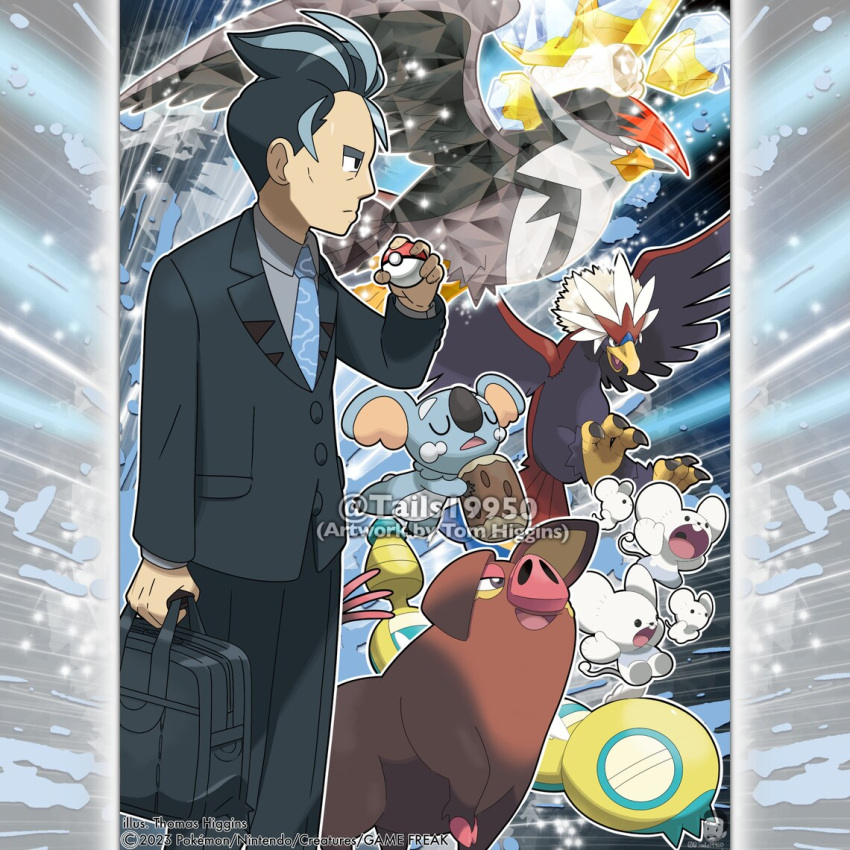 1boy, artist_name, bag, bird, black_bag, black_hair, black_jacket, black_pants