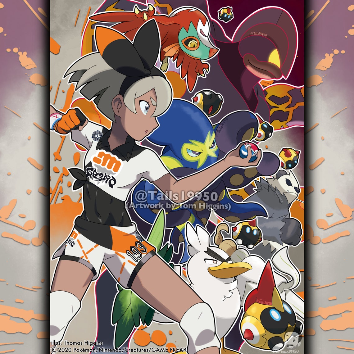 1girl, artist_name, backflip, bea_(pokemon), black_hairband, claws, closed_mouth, collared_shirt