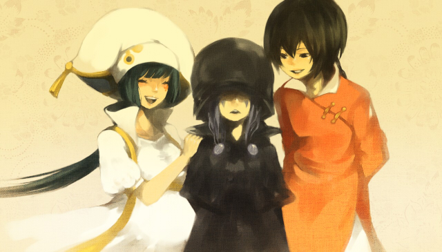 ^_^, artist_request, black_hair, cape, chinese_clothes, closed_eyes, dress, eyes_closed