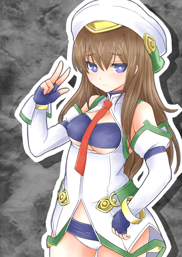 bad_id, blue_eyes, bracelet, breasts, brown_hair, chaos;head, company_connection, cosplay