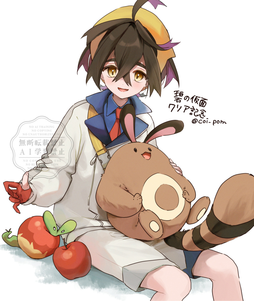 1boy, apple, applin, black_hair, blue_shirt, blush, coi_pom, collared_shirt, crossed_bangs, food, fruit, gloves, hair_between_eyes, hairband, highres, jacket, kieran_(pokemon), looking_at_viewer, male_focus, mole, mole_on_neck, on_lap, open_mouth, partially_fingerless_gloves, pokemon, pokemon_(creature), pokemon_on_lap, pokemon_sv, purple_hair, red_gloves, sentret, shirt, shorts, simple_background, single_glove, sitting, solo, twitter_username, white_background, white_jacket, white_shorts, yellow_hairband