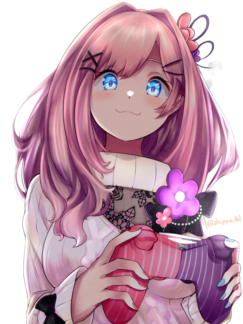 1girl, :3, alternate_eye_color, black_bow, blue_eyes, blue_nails, blush, bow, breasts, brown_hair, closed_mouth, commentary, controller, fingernails, flower, game_controller, hair_flower, hair_intakes, hair_ornament, hairclip, highres, holding, holding_controller, holding_game_controller, large_breasts, long_hair, long_sleeves, looking_at_viewer, nail_polish, nijisanji, red_nails, ribbed_sweater, shippu_(fullpower), simple_background, smile, solo, suzuhara_lulu, suzuhara_lulu_(4th_costume), sweater, turtleneck, turtleneck_sweater, twitter_username, virtual_youtuber, white_background, white_sweater