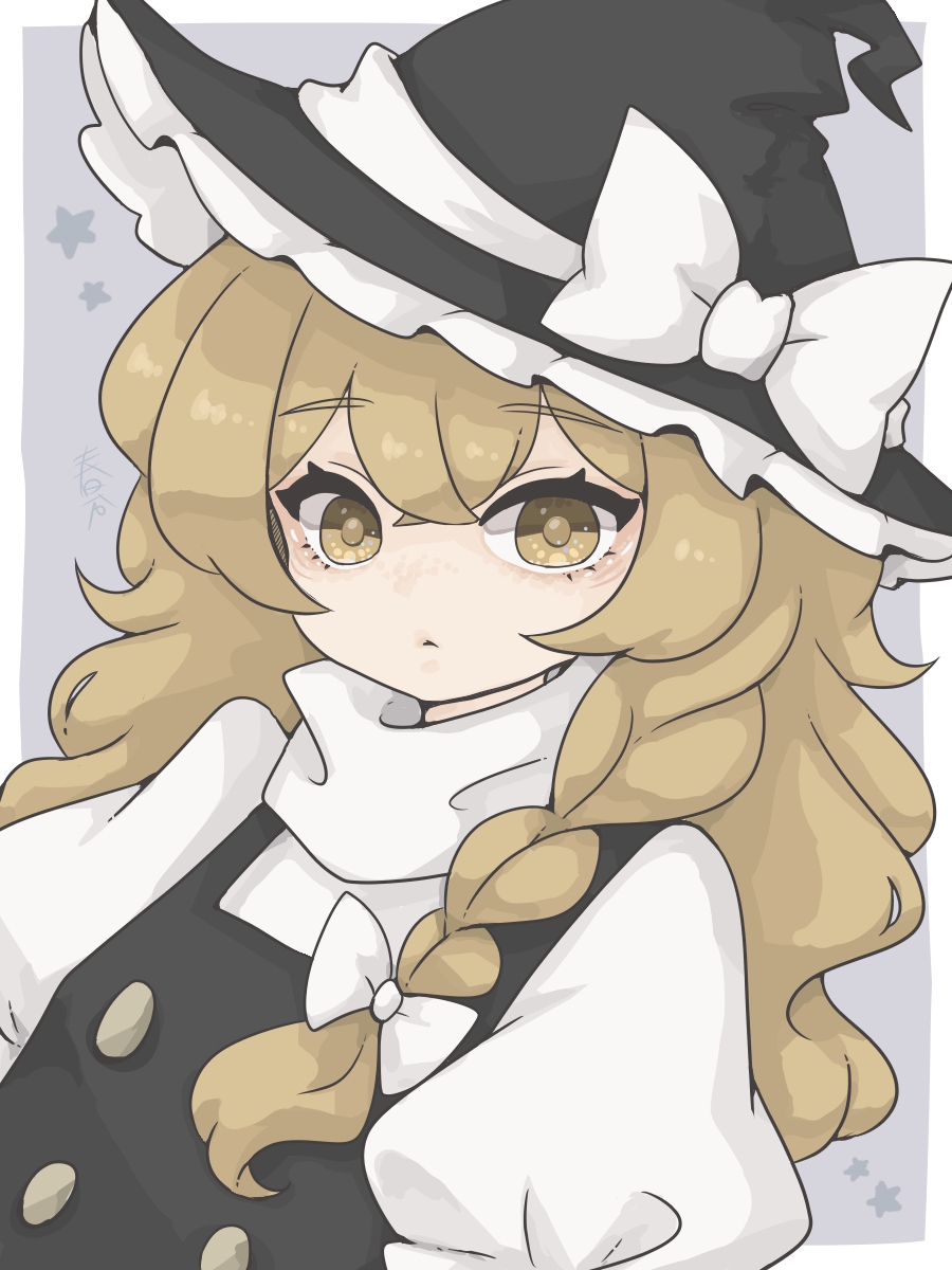 1girl, black_dress, black_hat, blonde_hair, bow, braid, buttons, closed_mouth, commentary, crossed_bangs, dress, frilled_hat, frills, harukairo, hat, hat_bow, highres, kirisame_marisa, long_hair, looking_at_viewer, pinafore_dress, puffy_sleeves, shirt, side_braid, sleeveless, sleeveless_dress, solo, star_(symbol), symbol-only_commentary, touhou, white_bow, white_shirt, witch_hat, yellow_eyes