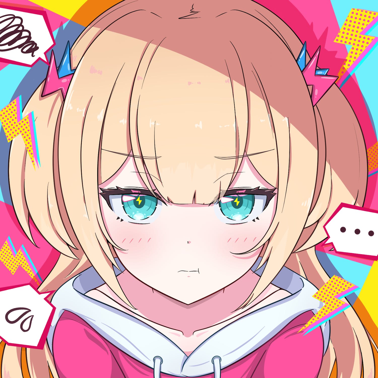 1girl, blonde_hair, blue_eyes, indie_virtual_youtuber, magenta_t-shirt, medium_hair, pink_hoodie, twintails