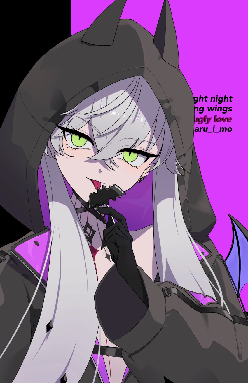 1girl, absurdres, bat_wings, candy, earrings, fate/grand_order, fate_(series), food, green_eyes, highres, hood, hoodie, jewelry, lilith_(fate), lilith_(first_ascension)_(fate), lollipop, looking_at_viewer, marumaru_i_mo, neck_tattoo, single_earring, solo, tattoo, tongue, twintails, white_hair, wings